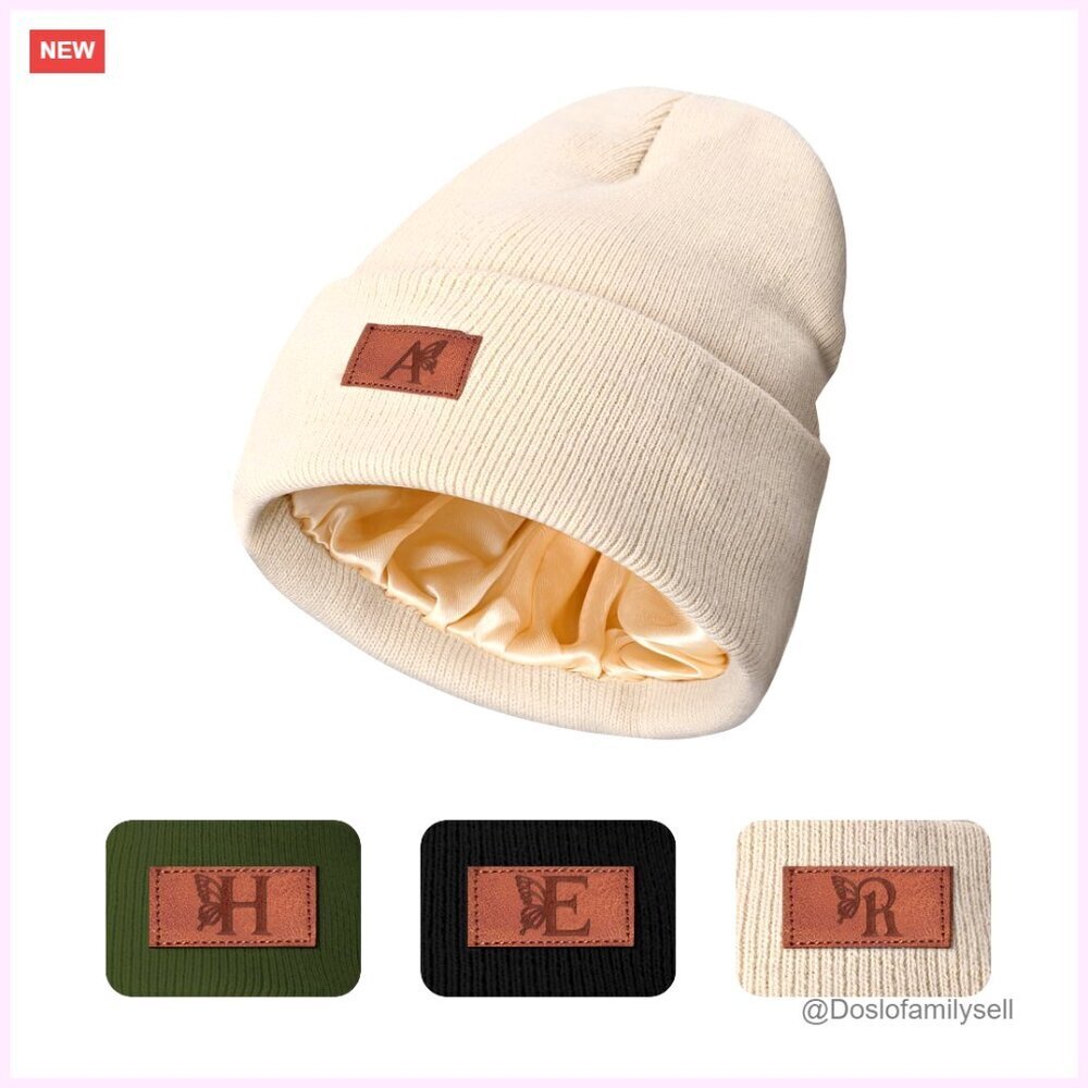Satin Lined Knit Beanie Personalized Initial Letter Winter Hat Women